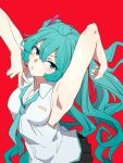  1girl aqua_eyes aqua_hair armpits earpiece hatsune_miku highres igo_miku looking_at_viewer necktie red_background sleeveless solo twintails v vocaloid 