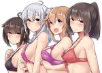  4girls ahoge akizuki_(kantai_collection) black_bra black_hair blue_eyes blush bra braid breast_envy breast_lift breasts brown_hair closed_mouth collarbone embarrassed eyebrows_visible_through_hair green_eyes hatsuzuki_(kantai_collection) highres kantai_collection kiritto large_breasts light_brown_hair long_hair looking_at_viewer medium_breasts multiple_girls one_side_up open_mouth pink_bra ponytail red_bra shiny shiny_hair short_hair sideboob silver_hair simple_background small_breasts smile strap_gap suzutsuki_(kantai_collection) teruzuki_(kantai_collection) twin_braids underwear white_background 