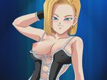  1girl android_18 blonde_hair blue_eyes breasts dragon_ball dragon_ball_z dragonball dragonball_z earrings erect_nipples female hand_behind_head jewelry lingerie looking_at_viewer naughty_face nipple_slip nipples smile solo trinitron_cg underwear 