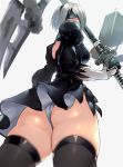  1girl ass back black_dress black_legwear breasts dress flint floating floating_object gloves hairband highres holding katana mole mole_under_mouth negresco nier_(series) nier_automata pod_(nier_automata) short_hair silver_hair solo sword thighhighs weapon yorha_no._2_type_b 