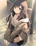  1girl alternate_costume bangs breasts brown_eyes brown_hair cleavage eyebrows_visible_through_hair fur_collar fur_trim idolmaster idolmaster_shiny_colors jacket large_breasts long_hair looking_at_viewer open_mouth outdoors pole sola_(solo0730) squatting swept_bangs tile_floor tiles tsukioka_kogane 