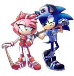  2019 amy_rose anthro baseball_bat baseball_cap bat_(object) bottomwear clothed clothing cuteytcat duo eulipotyphlan eye_contact female green_eyes hair hat headgear headwear hedgehog hi_res looking_at_another male mammal one_eye_closed pants short_hair signature simple_background smile smirk solo sonic_(series) sonic_the_hedgehog standing white_background wink 