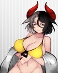  1girl animal_ears aoshima bangs bare_shoulders black_hair breasts cleavage commentary_request cow_ears cow_horns eyebrows_visible_through_hair grey_background grey_hair groin hair_between_eyes halterneck haori highres horns japanese_clothes large_breasts looking_at_viewer multicolored_hair navel off_shoulder out-of-frame_censoring pink_lips red_eyes short_hair smile solo stomach striped striped_background touhou two-tone_hair upper_body ushizaki_urumi vertical-striped_background vertical_stripes yellow_bikini_top 