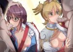  2boys 2girls aiguillette bell black-framed_eyewear blonde_hair breasts cape censored clothed_female_nude_male daiba_nana fellatio glasses green_eyes hair_bell hair_ornament hand_on_another&#039;s_head hassan_(user_vgzs2728) hoshimi_junna jingle_bell large_breasts medium_breasts mosaic_censoring multiple_boys multiple_girls nipples nude open_clothes oral purple_hair sash short_hair shoujo_kageki_revue_starlight testicles twintails 