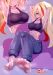  1girl :d armpits arms_behind_head barefoot blonde_hair breasts cavalry_(maslow) cleavage covered_nipples dated green_hair hair_over_one_eye high_ponytail large_breasts lips long_hair midriff multicolored_hair nikaidou_saki open_mouth orange_eyes orange_hair pants patreon sitting smile soles solo sports_bra steam streaked_hair toned very_long_hair zombie_land_saga 