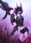 2019 andyd anthro avian black_nose canid canine detailed_background digital_media_(artwork) duo feathered_wings feathers feral hair mammal midriff navel pink_hair standing wings 