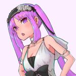  1girl armlet bare_shoulders blush breasts cleavage collarbone dress euryale fate/grand_order fate_(series) hairband highres jewelry kopaka_(karda_nui) lolita_hairband long_hair looking_at_viewer necklace open_mouth purple_eyes purple_hair simple_background solo twintails white_background 
