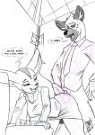 2019 aggressive_retsuko anthro canid canine clothed clothing dialogue digital_media_(artwork) duo english_text female fennec fenneko fox haida hot_dogging hyaenid looking_back male male/female mammal monochrome open_mouth penis sanrio speech_bubble spotted_hyena text zwitterkitsune 