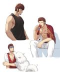  1boy 47_(479992103) abs beard blue_eyes brown_hair casual chest closed_eyes collage commentary_request cup dog drink facial_hair fate/grand_order fate_(series) from_side looking_at_viewer male_focus muscle napoleon_bonaparte_(fate/grand_order) open_clothes open_mouth pants scar simple_background sitting smile solo white_background 