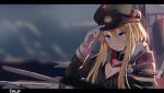  &gt;:( 1girl absurdres arm_up azur_lane bangs bismarck_(azur_lane) black_dress black_headwear blonde_hair blue_eyes blue_sky blurry blurry_background breasts cleavage closed_mouth commentary day depth_of_field dress english_commentary eyebrows_visible_through_hair gloves hair_between_eyes hand_on_headwear hat highres letterboxed long_hair medium_breasts military_hat ocean outdoors peaked_cap signature sky solo tegar32 v-shaped_eyebrows water white_gloves 