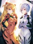  2girls ayanami_rei blue_eyes blue_hair blush bodysuit breasts hair_between_eyes headgear highres looking_at_viewer medium_breasts multiple_girls neon_genesis_evangelion orange_hair pilot_suit plugsuit red_bodysuit red_eyes short_hair sibyl skin_tight souryuu_asuka_langley turtleneck white_bodysuit 