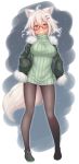  1girl :d ahoge animal_ear_fluff ass_visible_through_thighs breasts breathing brown_eyes deku_(dekunosu) eyebrows_visible_through_hair full_body fur_collar fur_trim glasses hair_between_eyes hair_ornament hairclip hands_in_pockets highres jacket large_breasts long_sleeves looking_at_viewer open_mouth original outdoors pantyhose ribbed_sweater semi-rimless_eyewear shoes short_hair simple_background smile sneakers solo steam sweater tail turtleneck turtleneck_sweater white_hair 