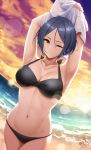  1girl ;) anvel aritst_name armpits arms_up bangs beach bikini black_bikini black_hair blush breasts cleavage cloud cowboy_shot groin hayami_kanade highres idolmaster idolmaster_cinderella_girls infinote jewelry looking_at_viewer medium_breasts necklace ocean one_eye_closed otudoors parted_bangs sand shirt short_hair skindentation smile solo stomach sunset swimsuit undressing white_shirt yellow_eyes 