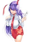  1girl animal_ears asuzemu bangs breasts bunny_ears commentary_request cowboy_shot eyebrows_visible_through_hair grin hair_between_eyes hands_up holding holding_paper large_breasts long_hair long_sleeves looking_at_viewer miniskirt necktie one_eye_closed paper purple_hair red_eyes red_neckwear red_skirt reisen_udongein_inaba shirt simple_background skirt smile solo standing thighs touhou translation_request very_long_hair white_background white_shirt 