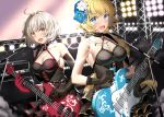  2girls :d akae_neo bangs bare_shoulders black_dress black_gloves blonde_hair blue_flower blush braid breasts brown_eyes cleavage collarbone commentary_request dress elbow_gloves electric_guitar eyebrows_visible_through_hair fate/grand_order fate_(series) flower gloves guitar hair_between_eyes hair_flower hair_ornament holding holding_instrument instrument jeanne_d&#039;arc_(alter)_(fate) jeanne_d&#039;arc_(fate) jeanne_d&#039;arc_(fate)_(all) large_breasts long_hair looking_at_viewer microphone multiple_girls open_mouth sidelocks silver_hair single_braid sleeveless sleeveless_dress smile stage_lights very_long_hair white_flower 