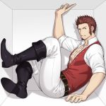  1boy 47_(479992103) beard blue_eyes boots brown_hair chest commentary_request facial_hair fate/grand_order fate_(series) looking_at_viewer male_focus napoleon_bonaparte_(fate/grand_order) open_clothes open_shirt pectorals scar simple_background sitting solo sweatdrop teeth thighs trapped uniform 