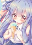  1girl absurdres bare_arms bare_shoulders blue_hair blue_ribbon blue_skirt blush bow brown_eyes chocolate_mint_ice_cream closed_mouth collared_shirt commentary_request food hair_bow hair_ribbon highres holding holding_food ice_cream ice_cream_cone kotonoha_aoi long_hair looking_at_viewer neck_ribbon pleated_skirt print_bow ribbon shirt skirt sleeveless sleeveless_shirt smile solo very_long_hair voiceroid waste_(arkaura) white_shirt yagasuri 