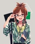 1girl akizuki_ritsuko anaroguya antenna_hair black-framed_eyewear blush breasts brown_eyes brown_hair buttons clipboard collarbone commentary glasses grey_background hands_on_eyewear highres holding holding_clipboard idolmaster idolmaster_(classic) looking_at_viewer open_mouth shirt short_hair short_ponytail simple_background smile solo striped striped_shirt upper_body vertical-striped_shirt vertical_stripes 