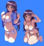  1girl bikini blue_background blue_jacket breasts cleavage cowboy_shot cropped_legs front-tie_top green_eyes jacket kurokawa_makoto large_breasts long_hair looking_at_viewer love_live! love_live!_school_idol_project multiple_views open_clothes open_jacket open_mouth purple_hair shade side-tie_bikini simple_background swimsuit toujou_nozomi twintails white_bikini 