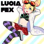  1girl bikini_top blonde_hair blue_eyes double_bun gloves goggles highres karokuchitose labcoat lucia_fex multicolored_hair promare smile striped striped_legwear two-tone_hair 