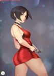  1girl ada_wong black_hair breasts brown_eyes brown_hair choker cleavage didi_esmeralda dress gloves gun highres looking_at_viewer red_dress resident_evil resident_evil_2 short_hair solo weapon 