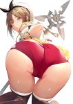  1girl :o ass atelier_(series) atelier_ryza blush brown_eyes brown_hair commentary_request eyebrows_visible_through_hair from_behind hair_ornament hairclip hat jewelry looking_at_viewer looking_back red_shorts reisalin_stout short_shorts shorts simple_background solo staff sweat thighhighs thighs umihotaru_harumare white_background 