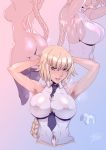  1girl :q armpits arms_behind_head ass between_breasts black_legwear blonde_hair blue_background braid breasts cavalry_(maslow) covered_nipples fate_(series) from_behind gradient gradient_background headpiece_removed highres impossible_clothes jeanne_d&#039;arc_(fate) jeanne_d&#039;arc_(fate)_(all) large_breasts licking_lips lips long_hair low_braid navel necktie necktie_between_breasts nude sideboob single_braid skin_tight smile steam sweat thighhighs tongue tongue_out very_long_hair 
