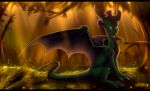  2013 blue_eyes claws detailed_background digital_media_(artwork) dragon feral forest grass horn scalie sitting skaydie skye_the_dragon smile solo tree western_dragon 