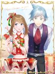  1boy 1girl alternate_costume arms_behind_back bell blue_eyes blue_hair blush bow brown_hair christmas collarbone cravat dated earrings embarrassed eyelashes formal fur_trim gift hair_bow haruka_(pokemon) height_difference hetero highres holding holding_gift jewelry looking_to_the_side midriff miyamotokannn nail_polish navel open_mouth pokemon pokemon_(game) pokemon_oras pom_pom_earrings red_nails see-through short_hair smile tsuwabuki_daigo waistcoat 