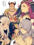  ... 1boy 3girls absurdres animal_ears beard black_gloves breasts brown_hair bunny_ears camilla_(fire_emblem_if) candy cleavage closed_mouth dark_skin demon_horns dorcas_(fire_emblem) facial_hair facial_mark fake_animal_ears fire_emblem fire_emblem:_kakusei fire_emblem:_rekka_no_ken fire_emblem_heroes fire_emblem_if food from_side gloves hair_over_one_eye hat heart highres holding horns inverse_(fire_emblem) large_breasts loki_(fire_emblem_heroes) looking_to_the_side multiple_girls nishimura_(nianiamu) parted_lips purple_eyes purple_hair short_hair simple_background spoken_ellipsis white_background white_hair 