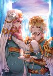  2girls artist_name belt blonde_hair blue_eyes blue_hair closed_eyes closed_mouth crown dress earrings eating feather_trim fire_emblem fire_emblem_heroes fjorm_(fire_emblem_heroes) food food_on_face from_side fur_trim gradient_hair gunnthra_(fire_emblem) jewelry long_hair long_sleeves multicolored_hair multiple_girls pink_hair short_hair siblings sisters veil wani_(fadgrith) 