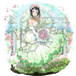 1girl black_hair blue_eyes bouquet breasts bridal_veil cleavage collarbone detached_sleeves dress flower full_body green_footwear highres holding holding_bouquet jewelry layered_dress long_dress long_sleeves looking_at_viewer medium_breasts mole mole_under_eye necklace official_art petals pink_flower pink_rose pumps rose sachi_(sao) short_hair sleeveless sleeveless_dress solo standing strapless strapless_dress sword_art_online transparent transparent_background veil wedding_dress white_dress white_sleeves 