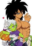  1girl 2boys abs arm_at_side armor belt black_eyes black_hair bodysuit breasts broly_(dragon_ball_super) cheelai chest_scar cleavage clothes_around_waist dirty dragon_ball dragon_ball_super_broly expressionless eyelashes facial_scar fingernails frown gloves green_skin grey_hair hand_on_hip hand_up hat heart height_difference lemo_(dragon_ball) looking_at_another looking_at_viewer looking_down medium_breasts messy_hair multiple_boys muscle nipples ok_sign orange_skin outsuki purple_bodysuit purple_eyes scar scar_on_cheek serious shirtless sideboob simple_background smile standing upper_body white_background white_gloves wristband yellow_eyes 