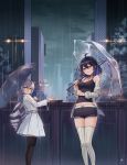  2girls ahoge aliceblue artist_name bandaged_arm bandages bangs bare_shoulders belt black_choker black_hair black_legwear black_shirt black_shorts blue_hair blush boyshorts breasts bronya_zaychik building camisole choker cityscape cleavage collarbone commentary_request crossed_bangs drill_hair grey_eyes grin hair_between_eyes hair_ornament hand_up highres holding holding_umbrella honkai_(series) honkai_impact_3rd jacket lamppost long_hair long_sleeves looking_at_viewer medium_breasts midriff multicolored_hair multiple_girls night off_shoulder open_clothes open_jacket open_shirt outdoors parasol pleated_skirt purple_eyes rain see-through seele_vollerei shirt short_hair short_shorts shorts sidelocks silver_hair skirt sleeveless sleeveless_shirt smile standing striped striped_legwear tank_top tattoo thighhighs thighs transparent transparent_umbrella twin_drills twintails two-tone_hair umbrella water wet wet_clothes white_jacket white_legwear white_shirt white_skirt 