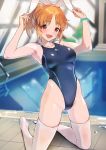  1girl abe_nana animal_ears armpits arms_up ass_visible_through_thighs bangs blonde_hair blush breasts bunny_ears collarbone competition_swimsuit doushimasho eyebrows_visible_through_hair fake_animal_ears groin highleg highleg_swimsuit idolmaster idolmaster_cinderella_girls kneeling looking_at_viewer medium_breasts medium_hair one-piece_swimsuit open_mouth parted_bangs ponytail pool red_eyes rei_no_pool sidelocks smile solo swimsuit thighhighs wet white_legwear wristband 