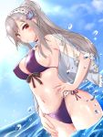  1girl :o armpits azur_lane bare_shoulders bikini blue_sky braid breasts choker cleavage cloud commentary_request dunkerque_(azur_lane) earrings front-tie_bikini front-tie_top hairband hand_on_hip hand_on_own_thigh highres jewelry large_breasts long_hair looking_at_viewer navel parted_lips ponytail purple_bikini red_eyes see-through side-tie_bikini sidelocks silver_hair sky solo stomach swimsuit thighs wading water zubi_(skylinezb) 