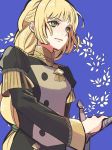  1girl blonde_hair blue_background closed_eyes fire_emblem fire_emblem:_fuukasetsugetsu green_eyes holding holding_sword holding_weapon hoshigaki_(hsa16g) ingrid_brandol_galatea long_hair long_sleeves simple_background solo sword uniform upper_body weapon 