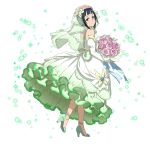  1girl anklet black_hair blue_eyes bouquet bridal_veil closed_mouth detached_sleeves dress flower from_side full_body green_footwear high_heels highres holding holding_bouquet jewelry long_dress long_sleeves looking_at_viewer looking_back mole mole_under_eye official_art pink_flower pink_rose pumps rl rose sachi shiny shiny_hair short_hair sleeveless sleeveless_dress smile solo sword_art_online transparent transparent_background veil walking white_dress white_sleeves 