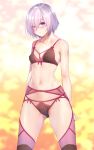  1girl bangs bare_arms bare_shoulders blush bow bow_bra bow_panties bra breasts collarbone commentary_request eyebrows_visible_through_hair fate/grand_order fate_(series) garter_belt gradient gradient_background hair_over_one_eye lingerie looking_at_viewer mash_kyrielight navel panties parted_lips pink_hair purple_eyes shiny shiny_hair shiny_skin short_hair simple_background small_breasts solo stomach thighhighs underwear zucchini 