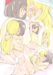  2girls bed black_hair blonde_hair braid chorimokki closed_eyes closed_mouth crying from_side green_eyes hat kiss lillie_(pokemon) long_hair lying mizuki_(pokemon) multiple_girls on_back one_eye_closed open_mouth panties pillow pokemon pokemon_(game) pokemon_sm short_hair sun_hat tears topless twin_braids underwear undressing white_headwear yuri z-ring 