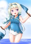  1girl blue_hair blue_sky bucket cloud day fire_emblem fire_emblem_heroes flower gradient_hair hair_flower hair_ornament hairband holding lillian8710 multicolored_hair one-piece_swimsuit open_mouth outdoors purple_eyes short_hair sky solo swimsuit wading water white_hair ylgr_(fire_emblem_heroes) 