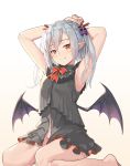  1girl armpits arms_behind_head arms_up bare_arms bare_legs bare_shoulders barefoot belly_peek black_dress bow bowtie closed_mouth demon_wings do2mi_doreimi dress fang frills hair_ornament half-closed_eyes highres long_hair looking_at_viewer no_panties orange_eyes original pointy_ears red_neckwear sidelocks silver_hair sitting sleeveless sleeveless_dress slit_pupils smile solo thighs twintails virtual_youtuber wing_collar wings 