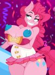  2014 2018 anthro anthrofied areola blue_eyes bottomwear breasts canon clothed clothing digital_media_(artwork) earth_pony equid equine female friendship_is_magic hair horse jrvanesbroek looking_up mammal my_little_pony nipples partially_clothed party_canon pink_hair pinkie_pie_(mlp) pony pussy skirt smile solo wide_hips 