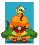  anthro canid canine cosplay crouching eyewear female fox glasses hi_res hybrid jin_(jindragowolf) jindragowolf long_tongue looking_at_viewer mammal pussy scalie solo thick_thighs tongue tongue_out 