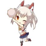  anchor_symbol arm_up ayanami_(azur_lane) azur_lane bangs bare_arms bare_shoulders black_footwear blue_sailor_collar blue_skirt blush boots brown_hair chestnut_mouth chibi commentary_request eyebrows_visible_through_hair full_body hand_up headgear high_ponytail holding holding_instrument instrument knee_boots long_hair memorii_(memory_0w0) midriff music navel one_eye_closed parted_lips playing_instrument pleated_skirt ponytail red_eyes sailor_collar shirt sidelocks simple_background single_sock single_thighhigh skirt sleeveless sleeveless_shirt socks tambourine thighhighs white_background white_legwear white_shirt yellow_neckwear 