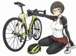  1girl bangs bicycle bicycle_helmet bike_jersey bike_shorts black_gloves black_shorts blunt_bangs bob_cut brown_eyes brown_hair closed_mouth double_horizontal_stripe fingerless_gloves gesture glasses gloves grey-framed_eyewear ground_vehicle helmet ina_(gokihoihoi) kneeling legs logo long_sleeves looking_at_viewer miniskirt original outside_border pantyhose plaid plaid_skirt pleated_skirt red_skirt shirt shoes short_hair short_over_long_sleeves short_sleeves shorts shorts_under_skirt simple_background skirt smile socks solo sunglasses tinted_eyewear white_background white_footwear white_legwear white_shirt yellow-tinted_eyewear 