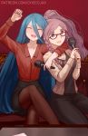  2girls alternate_costume aqua_(fire_emblem_if) arm_up artist_name bespectacled blue_hair braid breasts chocojax cleavage closed_eyes fire_emblem fire_emblem:_kakusei fire_emblem_if glasses highres holding long_hair long_sleeves microphone multiple_girls olivia_(fire_emblem) open_mouth pink_hair ponytail red-framed_eyewear sitting skirt twin_braids watermark web_address 