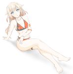 1girl arm_support asunogear bangs barefoot bikini blonde_hair blue_eyes braided_ponytail breasts cevio cleavage collarbone eyebrows_visible_through_hair gradient_hair highres leaning_back long_hair looking_at_viewer multicolored_hair one_(cevio) orange_bikini parted_lips ponytail side-tie_bikini simple_background sitting small_breasts solo swimsuit thigh_strap white_background 