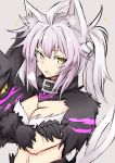  1girl animal_ears atalanta_(alter)_(fate) atalanta_(fate) black_collar braid breasts cat_ears cat_tail cleavage collar crossed_arms fang fate/apocrypha fate/grand_order fate_(series) french_braid looking_at_viewere multicolored_hair sigh tail yellow_eyes 