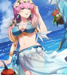  1girl bikini blonde_hair blue_eyes blue_sky breasts cleavage day earrings fire_emblem fire_emblem_heroes gradient_hair gunnthra_(fire_emblem) haru_hikoya head_wreath highres jewelry large_breasts long_hair multicolored_hair open_mouth outdoors petals pink_hair sarong sky solo swimsuit water 